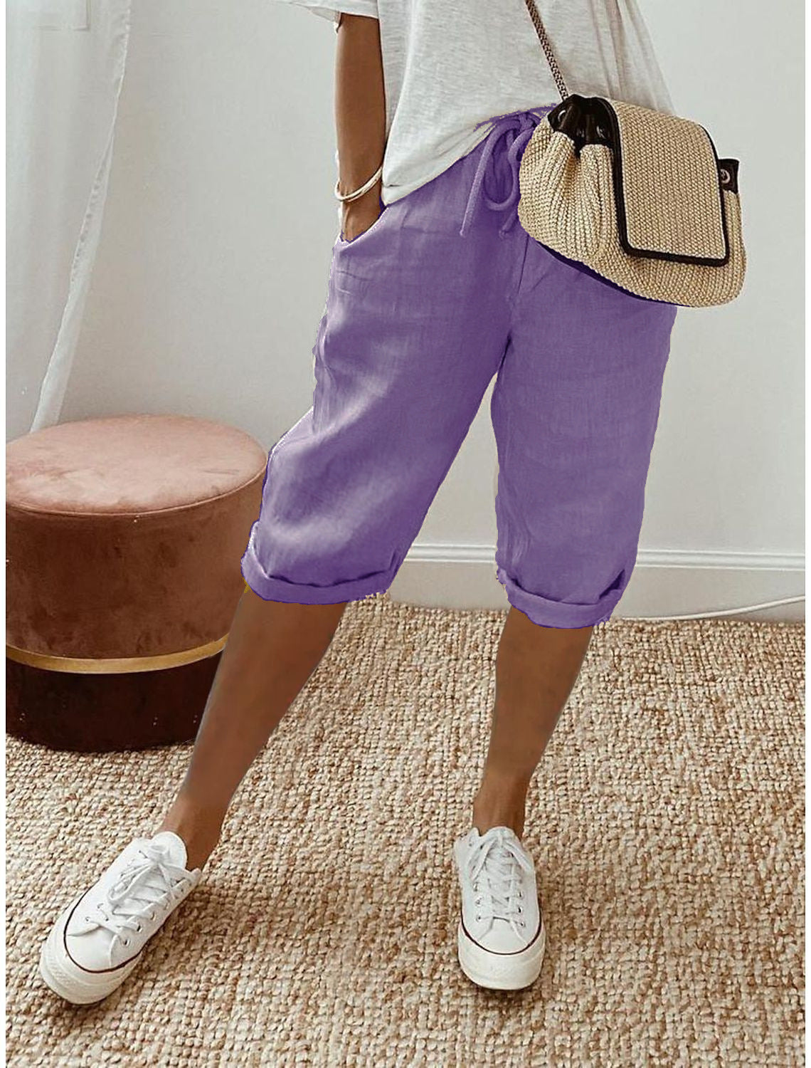 Pantalón capri informal de algodón y lino para mujer