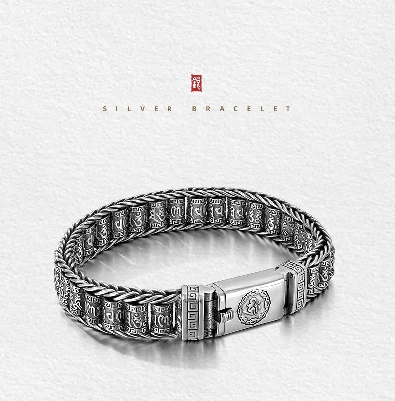 Tibetischer Mantra-Armband – Antikes Thai-Silber mit Drehzylinder, Unisex mit Karabinerverschluss ✨☸️