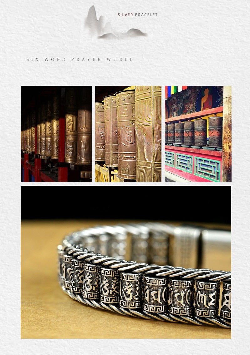 Tibetischer Mantra-Armband – Antikes Thai-Silber mit Drehzylinder, Unisex mit Karabinerverschluss ✨☸️