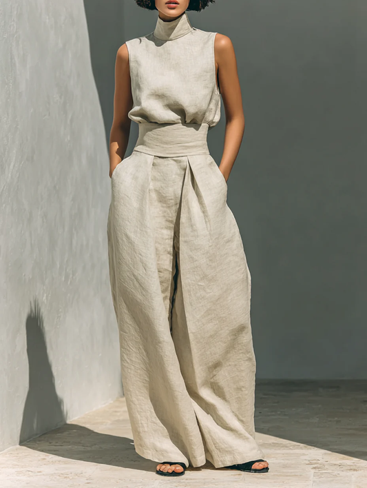Aurora • Conjunto de top beige sin mangas en mezcla efecto algodón-lino y pantalón de pernera ancha