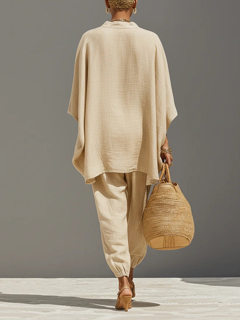 Conjunto de top minimalista asimétrico en caqui claro y pantalón jogger