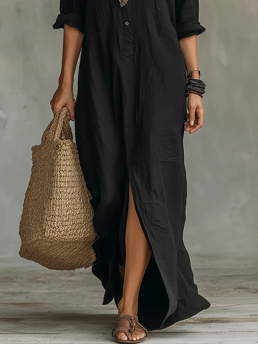 Sol | Vestido maxi negro amplio con botones