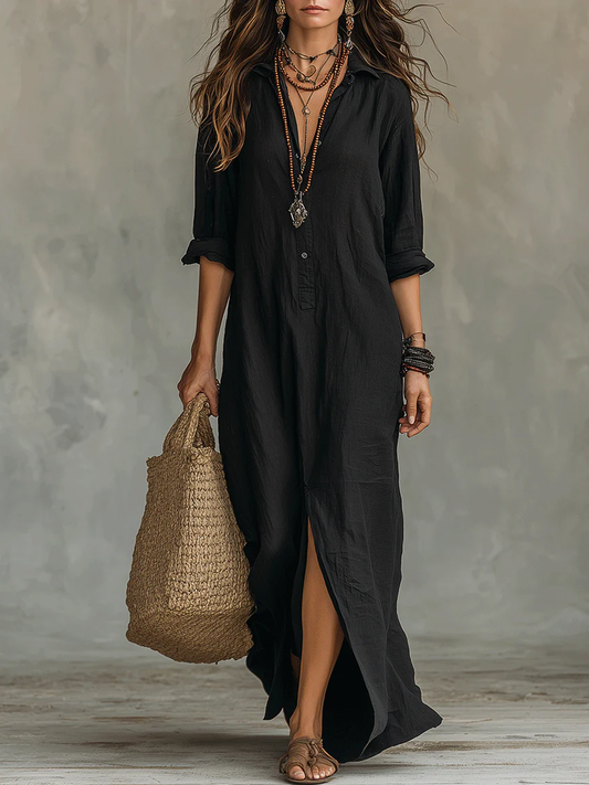 Sol | Vestido maxi negro amplio con botones