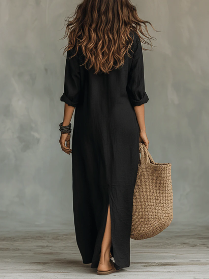 Sol | Vestido maxi negro amplio con botones