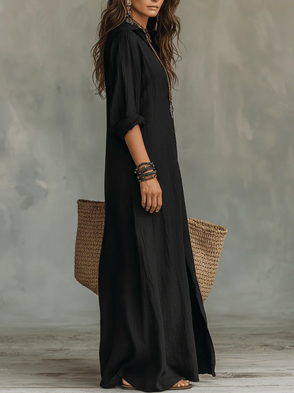 Sol | Vestido maxi negro amplio con botones