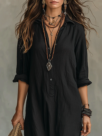 Sol | Vestido maxi negro amplio con botones