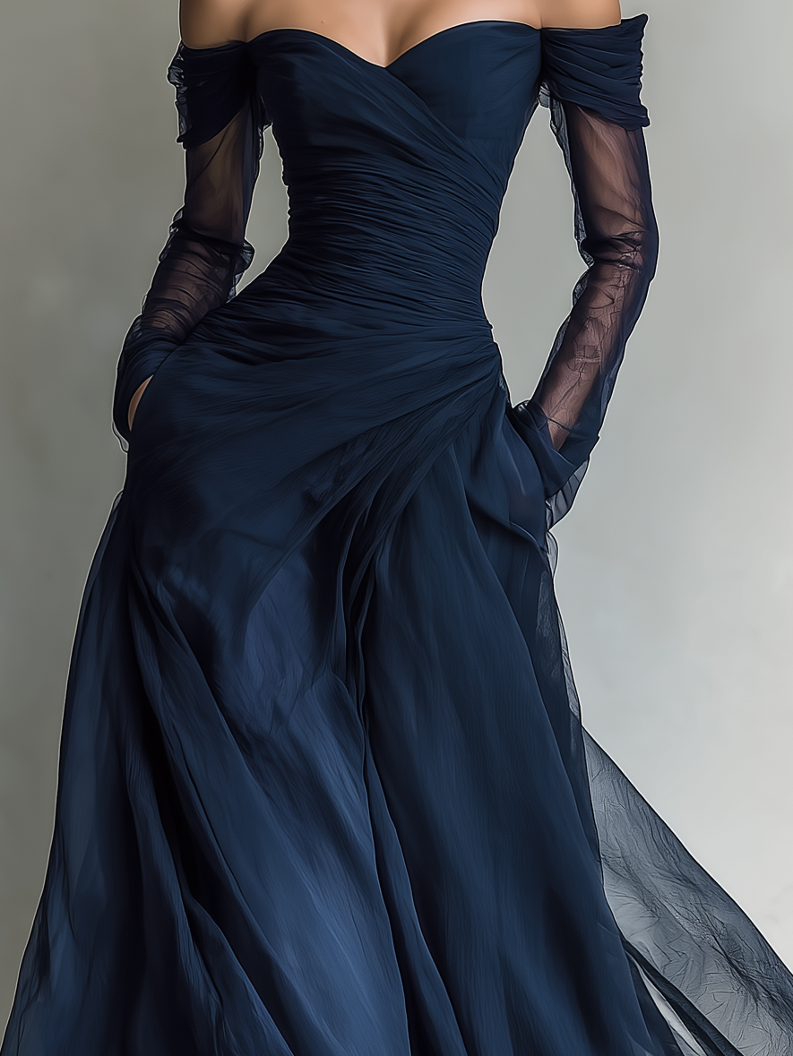 Vestido maxi elegante ajustado de chiffon organza azul oscuro para mujer, con mangas largas y hombros al descubierto