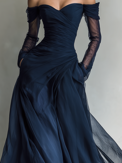 Vestido maxi elegante ajustado de chiffon organza azul oscuro para mujer, con mangas largas y hombros al descubierto