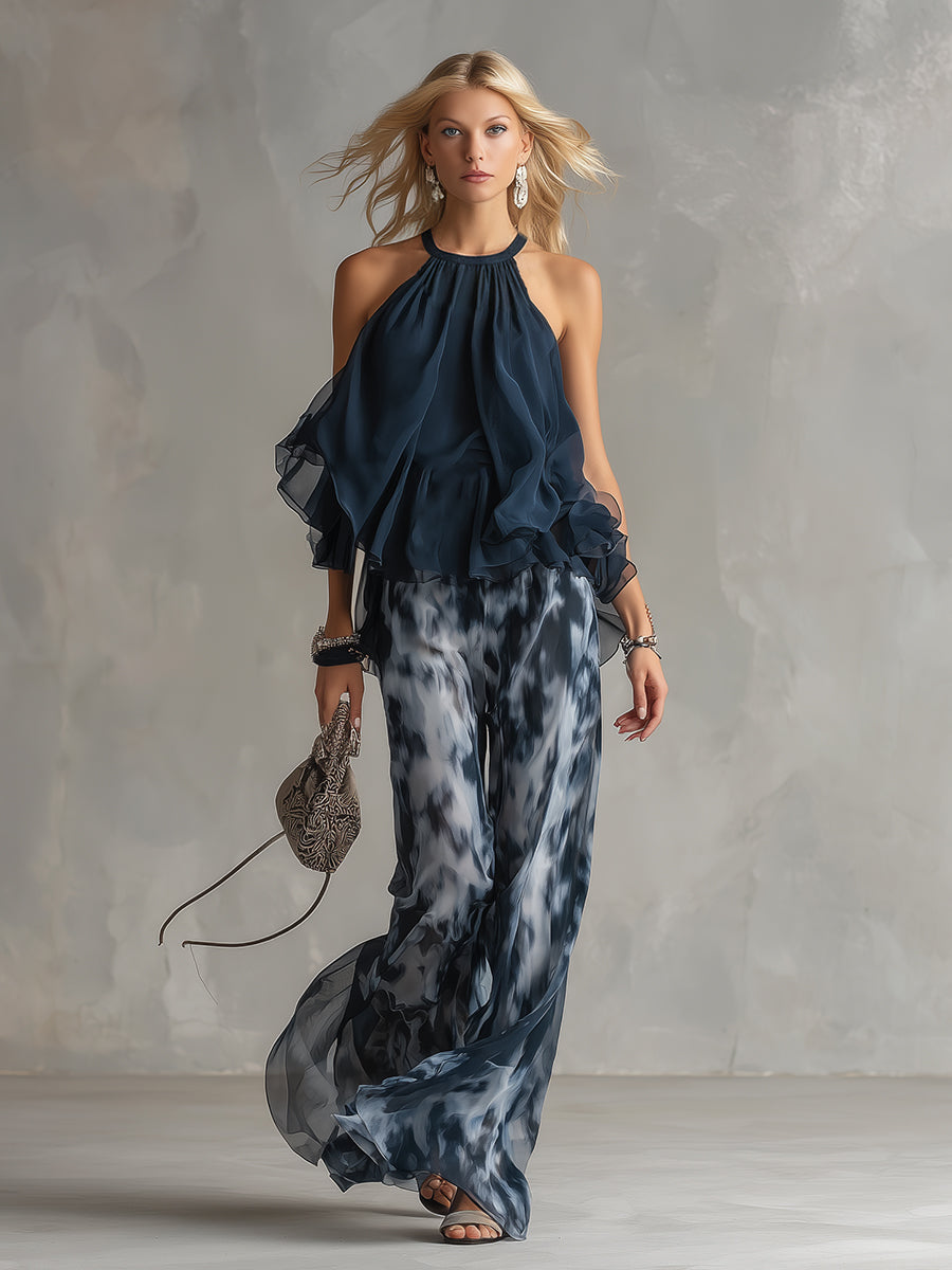Ludovica - elegante de chifón con top de cuello alto y pantalones anchos estampados