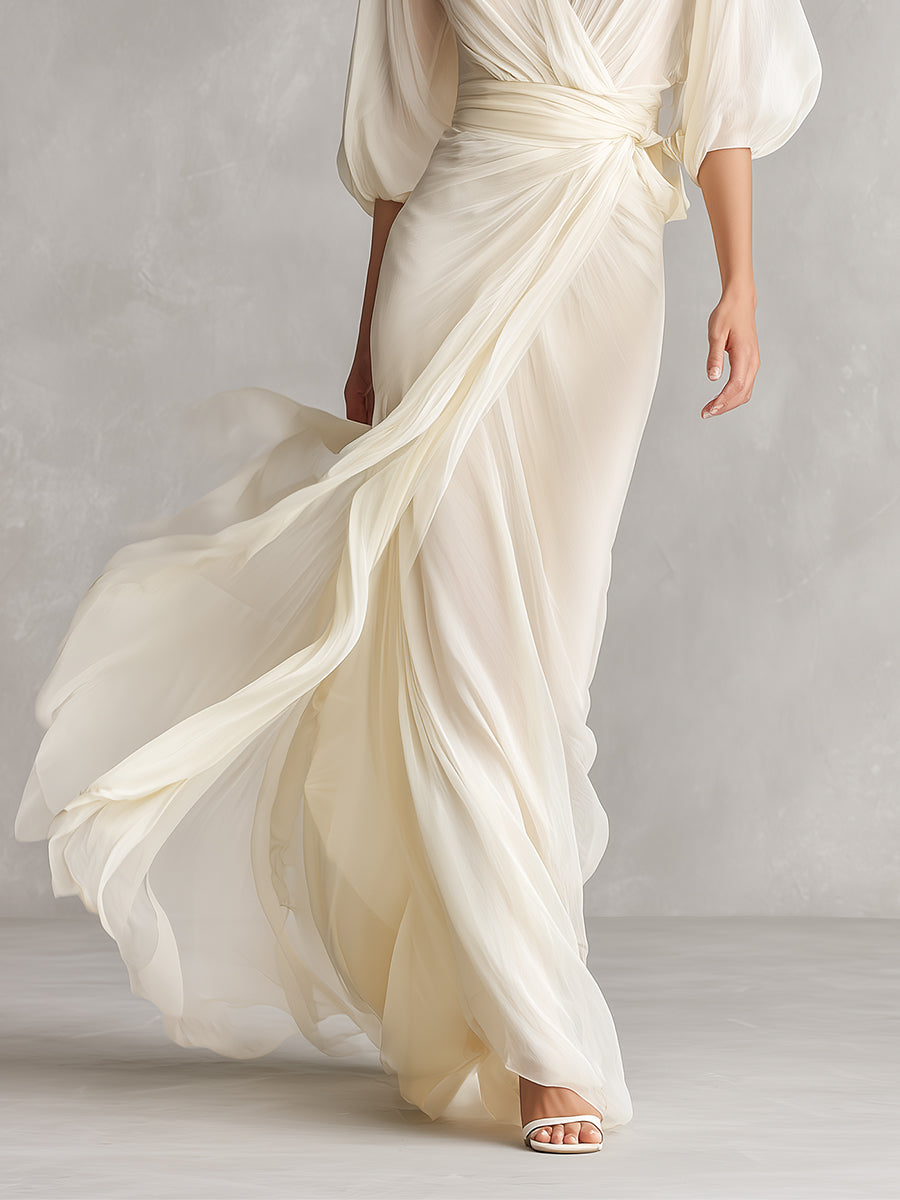 Vestido de chiffon transparente marfil para mujer con mangas abullonadas y detalle cruzado, vestido de estilo romántico-lujoso atemporal