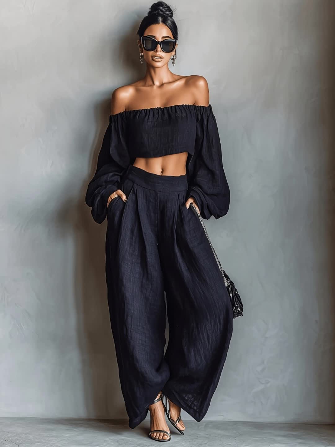 Tiana || Conjunto con escote hombros descubiertos y pantalón ancho