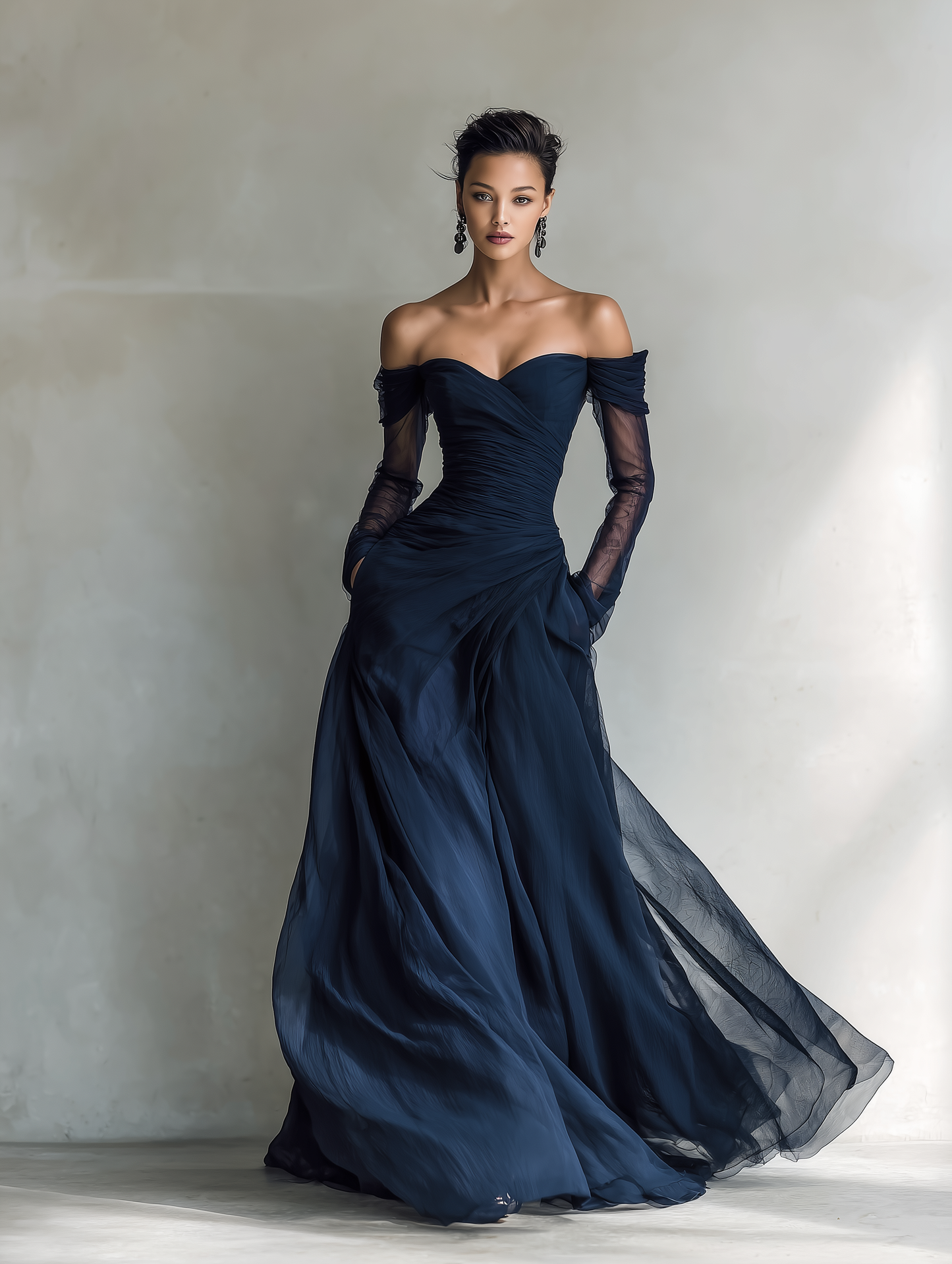 Vestido maxi elegante ajustado de chiffon organza azul oscuro para mujer, con mangas largas y hombros al descubierto