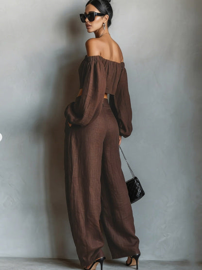 Tiana || Conjunto con escote hombros descubiertos y pantalón ancho