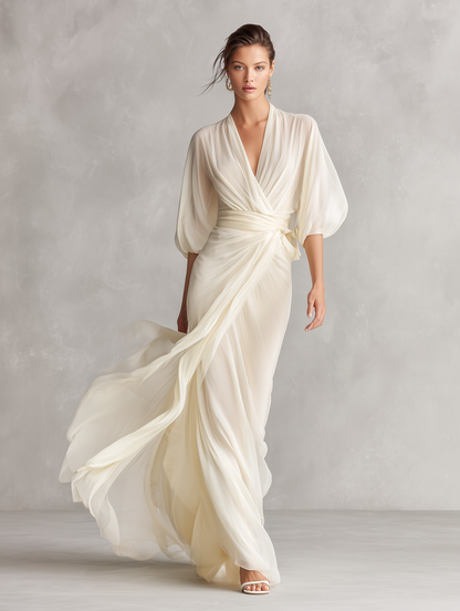 Vestido de chiffon transparente marfil para mujer con mangas abullonadas y detalle cruzado, vestido de estilo romántico-lujoso atemporal