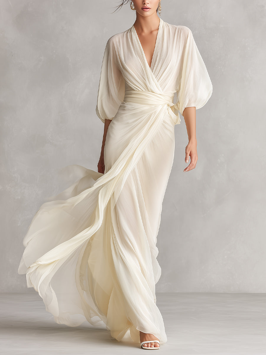 Vestido de chiffon transparente marfil para mujer con mangas abullonadas y detalle cruzado, vestido de estilo romántico-lujoso atemporal