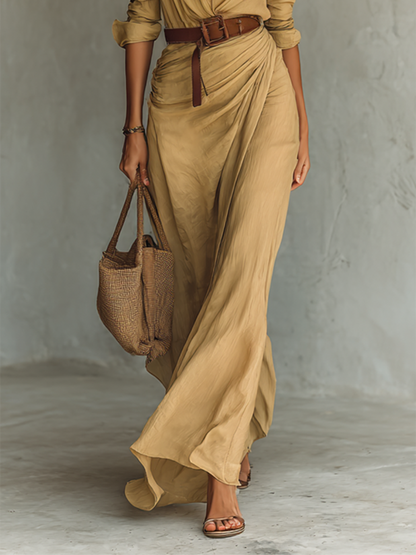 Vestido maxi largo para mujer con cuello de solapa y mangas largas