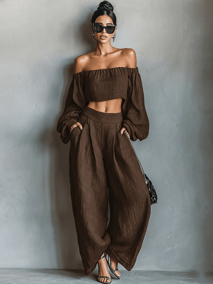 Tiana || Conjunto con escote hombros descubiertos y pantalón ancho