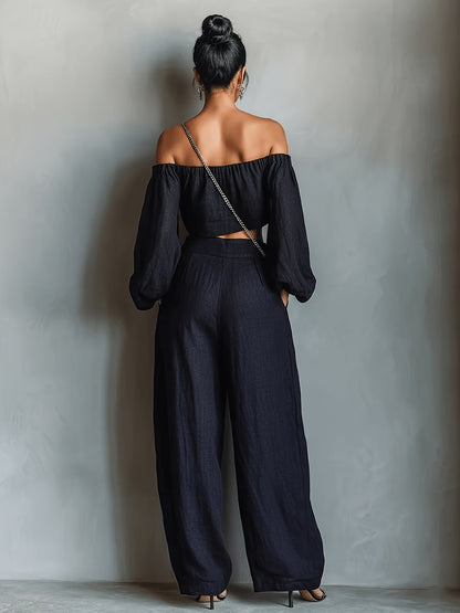 Tiana || Conjunto con escote hombros descubiertos y pantalón ancho
