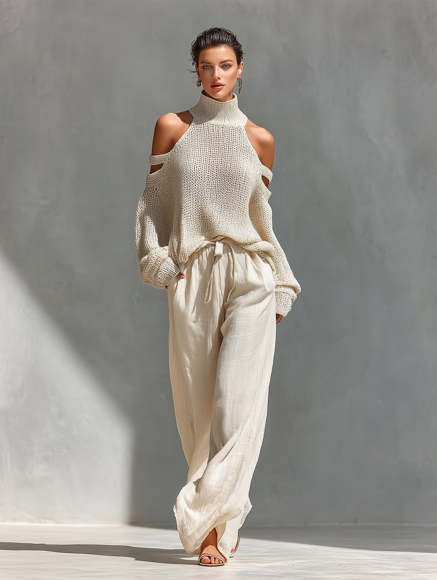 Conjunto de mujer con top de punto beige de cuello alto y hombros al descubierto, y pantalones de pierna ancha