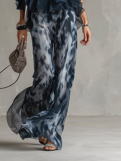 Ludovica - elegante de chifón con top de cuello alto y pantalones anchos estampados