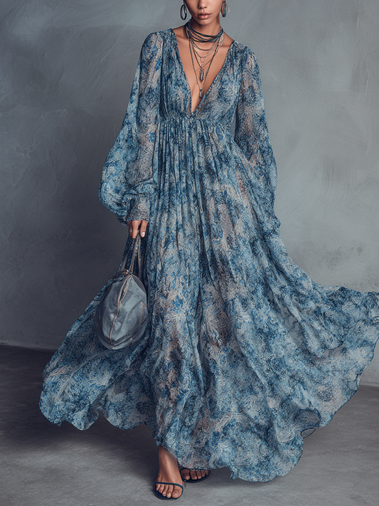 Vestido maxi bohemio de mujer en chiffon con estampado floral azul, escote en V y mangas farol