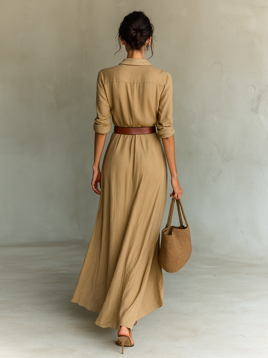 Vestido maxi largo para mujer con cuello de solapa y mangas largas