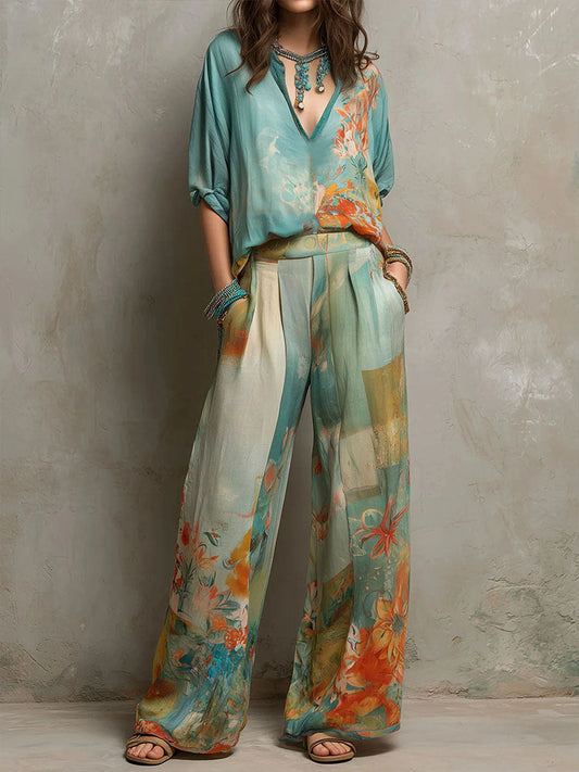 Clara | Conjunto floral con pantalón ancho