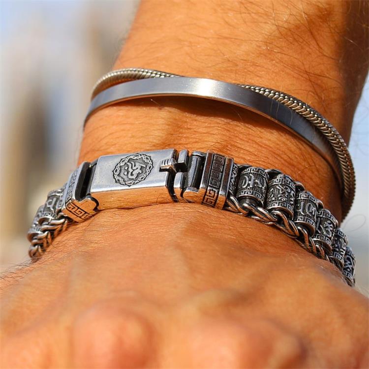 Tibetischer Mantra-Armband – Antikes Thai-Silber mit Drehzylinder, Unisex mit Karabinerverschluss ✨☸️