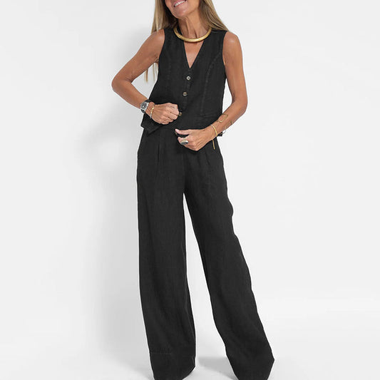 Zweiteiliges Damen-Set aus Leinenweste und weiten Hosen
