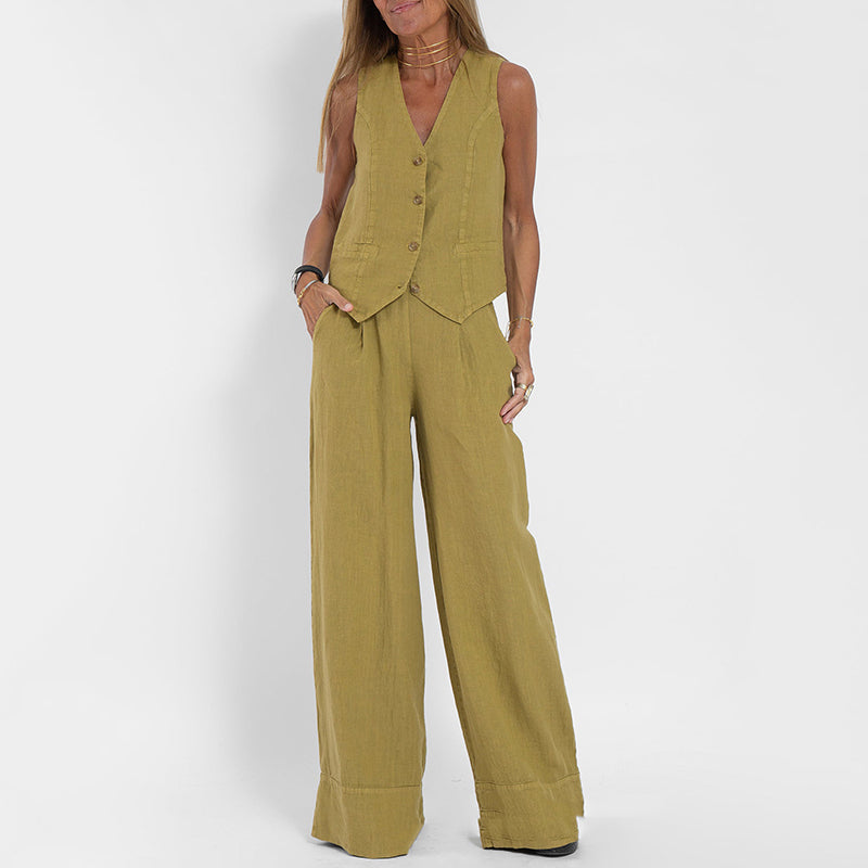 Zweiteiliges Damen-Set aus Leinenweste und weiten Hosen