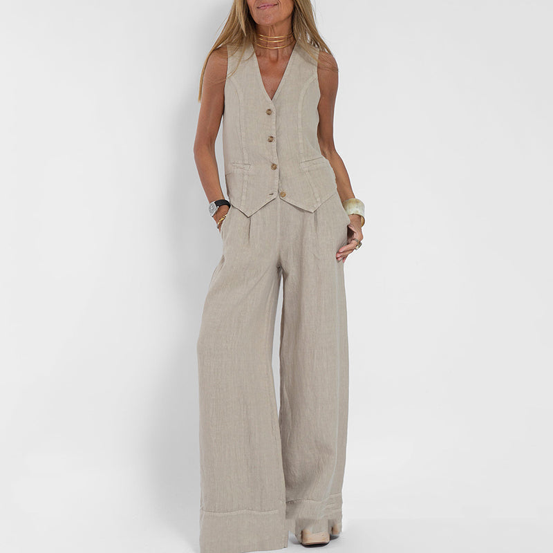 Zweiteiliges Damen-Set aus Leinenweste und weiten Hosen