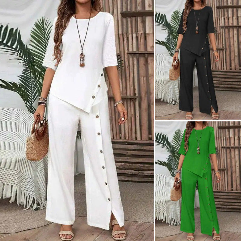 Conjunto casual elegante con top asimétrico y pantalón de corte amplio