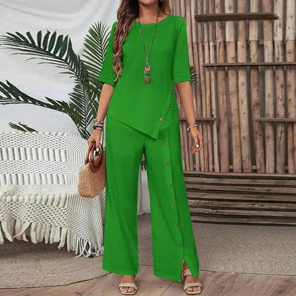 Conjunto casual elegante con top asimétrico y pantalón de corte amplio