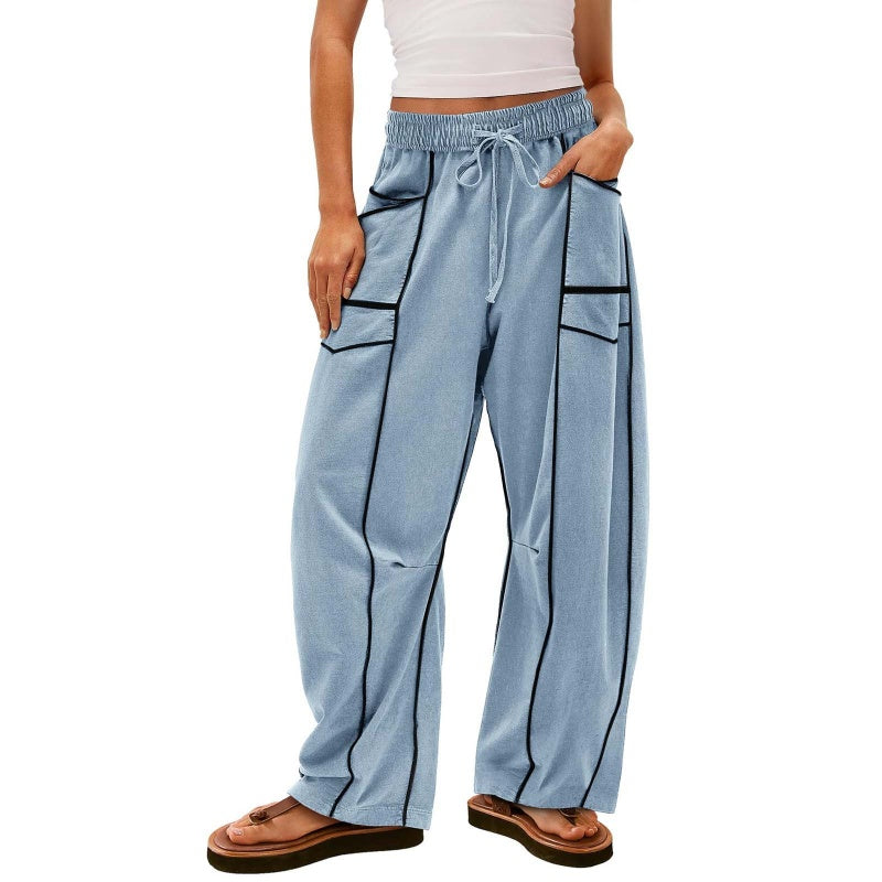 Pantalón ligero de pierna ancha con cordón para mujer