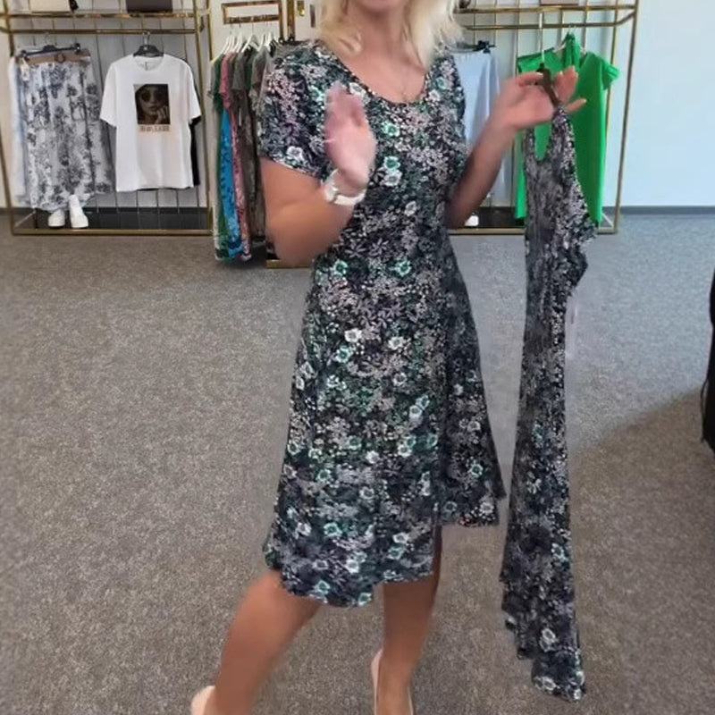 Lässiges Damenkleid mit U-Ausschnitt und Blumenmuster