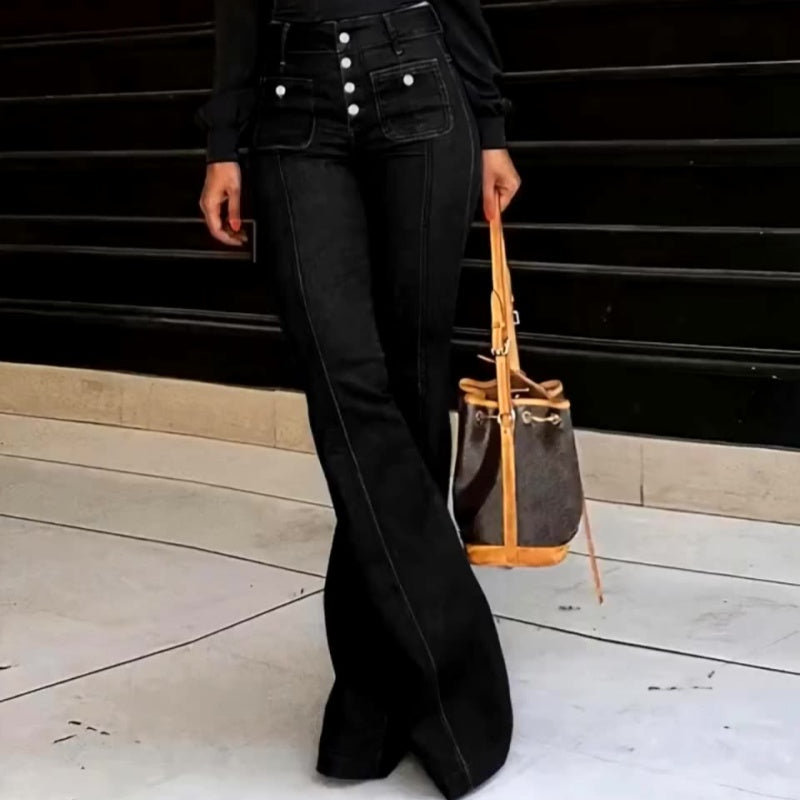 High-Waist Jeans mit Knopfleiste – Figurbetonte Schlaghose für Damen 👖✨