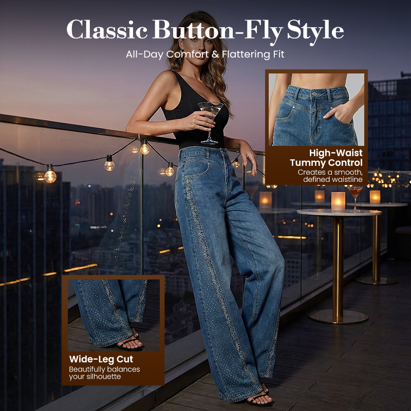 Damen-Jeans mit Strassdetails – Weites Bein & dezenter Schlag, modern und elegant ✨👖