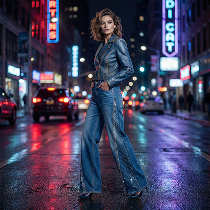 Damen-Jeans mit Strassdetails – Weites Bein & dezenter Schlag, modern und elegant ✨👖
