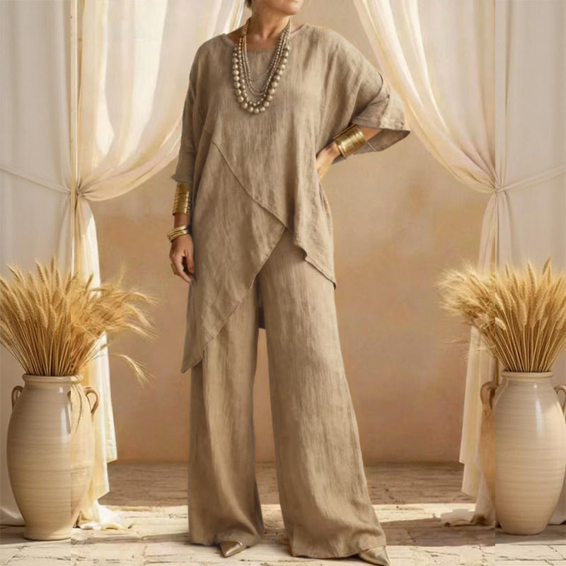 Zweiteiliges Damen-Outfit mit lockerer Passform und asymmetrischem Oberteil
