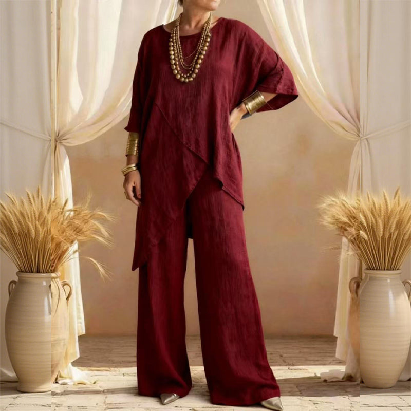 Zweiteiliges Damen-Outfit mit lockerer Passform und asymmetrischem Oberteil