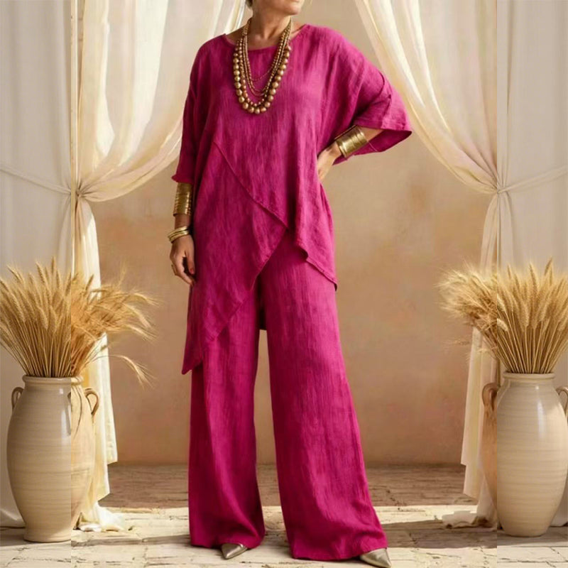 Zweiteiliges Damen-Outfit mit lockerer Passform und asymmetrischem Oberteil