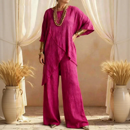 Zweiteiliges Damen-Outfit mit lockerer Passform und asymmetrischem Oberteil