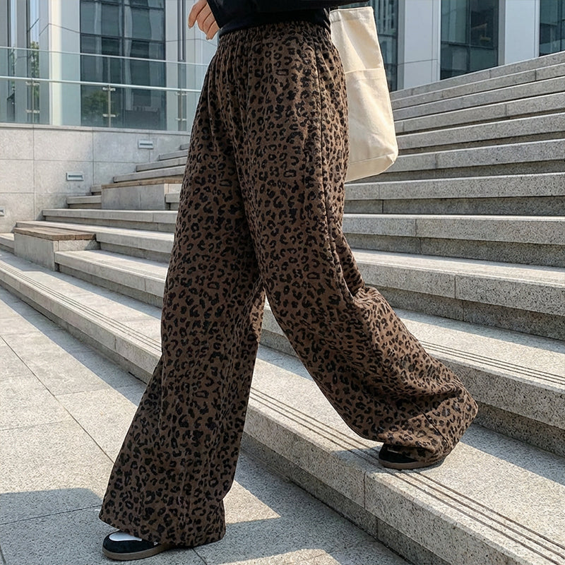 Damen-High-Waist-Leopardprint-Straight-Leg-Hose