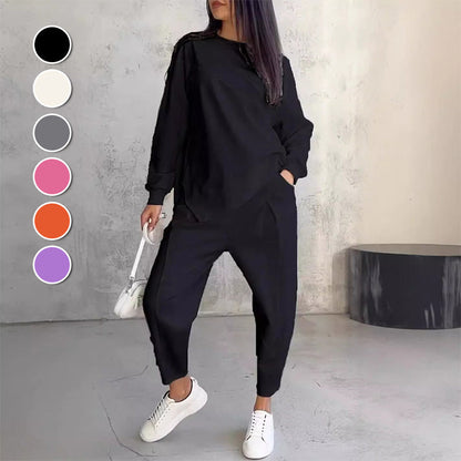 Conjunto de dos piezas para mujer: sudadera de manga larga con bajo asimétrico y pantalón.