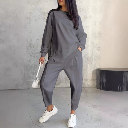 Conjunto de dos piezas para mujer: sudadera de manga larga con bajo asimétrico y pantalón.