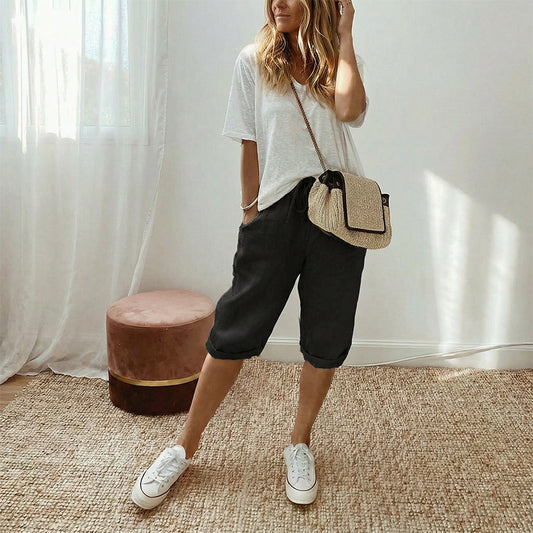 Pantalón capri informal de algodón y lino para mujer
