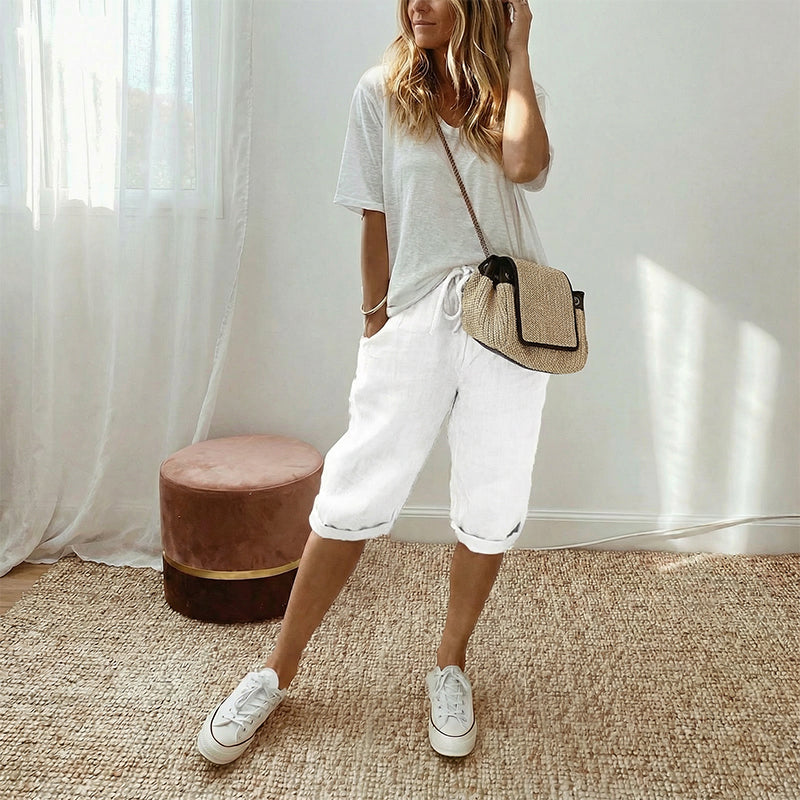 Pantalón capri informal de algodón y lino para mujer