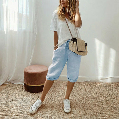 Pantalón capri informal de algodón y lino para mujer